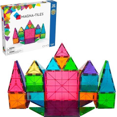 Magna-Tiles 32 detaļu komplekts caurspīdīgas krāsas ar dažādiem, magnētiskiem 3D klucīšiem caurspīdīgās krāsās, kas veicina rotaļīgu mācīšanos.