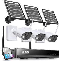 ZOSI 3MP bezvadu novērošanas kameru komplekts ar saules paneli, 3 x WLAN āra akumulatora kameru komplekts ar 8CH 1TB NVR, PIR kustības sensors, divvirzienu audio, skaņas un gaismas signāls, krāsaina nakts redzamība, C306 Pro