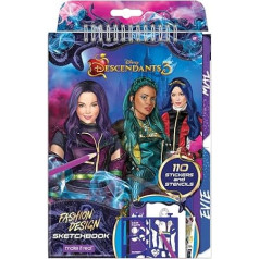 Make It Real Disney Descendants 3 Modes dizaina skiču burtnīca. Disneja iedvesmota modes dizaina krāsojamā grāmata meitenēm. Ietver Evie, Mal & Uma skiču lapas, šablonus, uzlīmes un dizaina rokasgrāmatu.