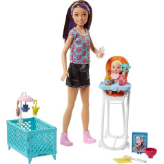 Barbie, Mattel Barbie FHY98 'Skipper Baby Sitters Inc.' leļļu un bērnu barošanas krēslu komplekts (Brunete)