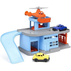 Green Toys 8601312, Autostāvvieta-garāža ar helikopteru un 2 automašīnām, rotaļu komplekts bērniem no 3 gadiem, rotaļu darbnīca un autostāvvieta, spēļu komplekts bērniem no 3 gadiem