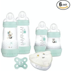 MAM Nature Aqua 9001616822391 dzimšanas komplekts (4 pudelītes + 1 mantiņa + 1 kārbiņa), MAM Easy Start Anti-Colic zīdaiņu pudelītes no dzimšanas, ar īpaši mīkstu silikona mantiņu, pelēkas krāsas