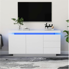 Ntxplora Modernes Sideboard, Wohnzimmer-Sideboard, Kommode, Highboard, Sideboard-möbel Mit 2 Türen, 3 Schubladen, Hochglanzoberflächen Und Led-leuchten Ohne Griffe, 140 X 35 X 72,5 cm, Weiß