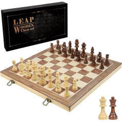 LEAP šaha spēle 43 cm x 43 cm koka šaha dēlis ar 2 papildu dāmām Saliekams koka šahs lielā izmērā ar glabāšanas nodalījumiem šaha figūrām pieaugušajiem vai iesācējiem