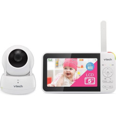 VTech VM924 videomonitors ar kameru, panorāmas un slīpēšanas funkciju, bērnu monitors ar 5 collu LCD ekrānu, akumulatora darbības laiks līdz 17 stundām, 1,33x tālummaiņa, nakts redzamība, 300 m diapazons, nomierinoša skaņa.