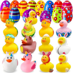 Chennyfun Pack of 12 Filled Easter Eggs with Rubber Duck, Colourful Rubber Bath Ducks, Squeaky Bath Ducks, 12 Easter Eggs for Easter Party Accessories, Easter Basket Fillers