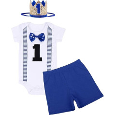 IBAKOM Baby Boys 1st Birthday Clothing Costume Short Sleeve Romper Bodysuit + Bloomer Shorts + Crown Headband 3 Piece Gentleman Suit Cake Scratching Photography Set