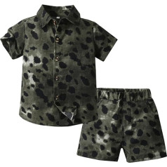 GUSUTZX Sommer Jungen Leopardenmuster Kurzarm Bedrucktes Hemd Kinder Casual Shorts Zweiteilige Kinder Strickjacke Babykleidung Set Jungen Mädchen Kleidung