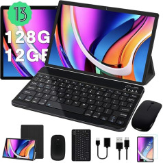 JUSYEA Planšetdators 10 collu Android 13 planšetdators 12GB RAM + 128GB ROM (1TB TF) Kodi 2.0Ghz, WLAN 5G, Bluetooth 5.0, FaceID, Cast, GMS, 8000mAh akumulators, 8MP + 5MP, ar korpusu, tastatūru un peli, tumšs