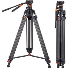 Video Tripod with Fluid Head, Refoni CF60L Carbon Fibre Tripod, 180 cm Camera Tripod with 60 mm Flat Base Fluid Panoramic Head for Vlogging, DSLR Camera Video Recorder DV Camcorder up to 6 kg