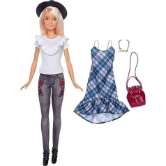 Mattel Barbie FJF68 Fashionistas Puppe und Mode Geschenkset mit schwarzem Hut und blauem Karo-Kleid