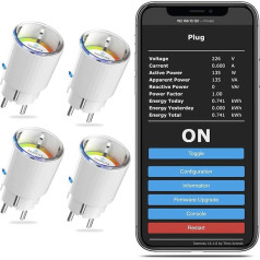 Tasmota kontaktdakša ar elektroenerģijas skaitītāju, CURRYSMARTER viedā WLAN mini kontaktligzda, WiFi ESP8285 kontaktdakša, elektroenerģijas skaitītājs, taimera slēdzis, darbojas ar MQTT, Domoticz, ioBroker, mājas asistents Google Alexa - 4 gab