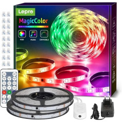 Lepro MagicColor LED lentes gaisma, mūzika ar tālvadības pulti, lentes gaisma, ūdensizturīga IP65, RGB dimmējama gaismas josla, gaismas lentes ķēde Ziemassvētku dekorēšanai