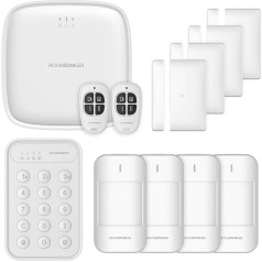 ROOMBANKER Smart Home/Alarmsystem Set - Station-Kit (4G/WiFi/LAN) - Mit 4 Bewegungssensoren, 4 magnetischen Diebstahlschutztürsensoren, 2 Keyfob und 1 Tastatur - Einfach zu bedienende App