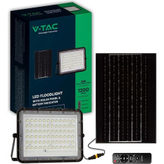 V-TAC LED āra prožektors ar saules paneli, 15 W autonomija 12 stundas, Samsung mikroshēma, IP65-1200 lūmeni, LED projektors ar tālvadības pulti un akumulatoru mājai, dārzam, garāžai - aukstā gaisma