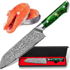 H.maker Premium Santoku Damaskas nazis - Damaskas tērauda 17,8 cm šefpavāra nazis - 67 slāņu damaskas virtuves nazis Ass suši nazis ar zaļu ergonomisku rokturi