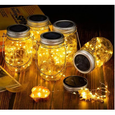 Saules Mason Jar Lights Dārza karājas laterna 20 LED pasaku gaismas Ūdensizturīgs Fireflies Decor Patio pagalms darbvirsmas pusei (silti balta)