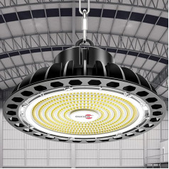 Öuesen LED prožektors 150 W, iekštelpu apgaismojums LED prožektors darbnīcas gaisma 21000 LM, UFO darbnīcas lampa IP65 ūdensizturīga, iekštelpu gaisma, rūpnieciska lampa darbnīcai, garāžai, noliktavai, 5500 K, vēss