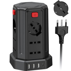 Strāvas adapteris ar 12 universālām ligzdām ITA 10/16A un Schuko un 3 USB A + 1 USB C (4000 W/10A), ar 4 neatkarīgiem slēdžiem, melns