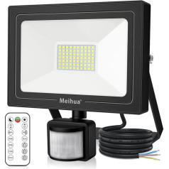 MEIHUA LED prožektors ar kustības sensoru, 50 W, 5200 lm, īpaši spilgts LED prožektors, 6500 K, vēsā baltā krāsā, IP66 ūdensnecaurlaidīgs āra apgaismojums ar tālvadības pulti, laika funkcija, lukturis pagalmam,