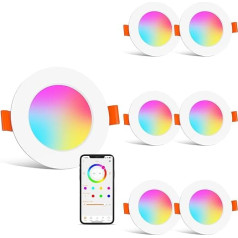 HYDONG Smart LED iegremdējamais prožektors, plakans 8 W LED prožektors, 230 V, IP44, vannas istabas padziļinājumā iebūvēts apgaismojums, 68 mm, saderīgs ar Alexa, silti balts un RGB Bluetooth griestu prožektors, krāsu maiņa