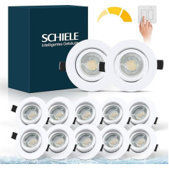 Schiele LED iebūvēts starmešu prožektors, 230 V, balts, 3 līmeņi, ar iespēju regulēt apgaismojumu, plakanie LED griestu prožektori, 7 W = 70 W, halogēna starmeši, IP44, 700 LM, 2800 K, silti balta, iebūvēts starmešu prožektors, 68 mm - 78