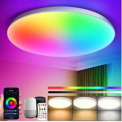 Woukksy LED griestu gaisma Dimmable 24 W griestu gaisma ar tālvadības pulti vai lietotnes vadību, RGB Ultra Thin Flat Round griestu gaisma, saderīga ar Alexa dzīvojamā istaba, guļamistaba, bērnu istaba, virtuve