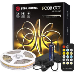 BTF-LIGHTING FCOB COB CCT 24V komplekts Elastīga augsta blīvuma 640LEDs/m 5M RF Dimmable Control Tunable 2700K-6000K CRI>90 LED sloksne guļamistabai, virtuvei, mājai, iekštelpām ar 24V adapteri