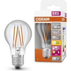 OSRAM Star+ 4 iepakojuma dienas gaismas sensora LED spuldzes ar E27 pamatni, ar kvēlspuldzes optiku, siltā baltā krāsā (2700K), 470 lūmenu, standarta 40 W spuldzēm, bez regulējama apgaismojuma