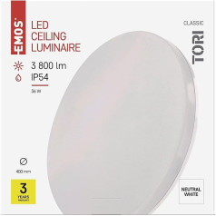 EMOS TORI ZM4325 LED griestu gaisma, 36 W, izmantošanai ārpus telpām un telpās, spilgtums 3800 lm, neitrāli balta 4000 K, griestu gaisma priekšnamam, vannas istabai, virtuvei, balkonam, terasei, apaļa, diametrs 40 cm, balta