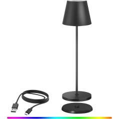 LED galda lampa ar akumulatoru, iekštelpu un āra uzlādējama galda lampa ar USB uzlādes staciju, silta gaismas krāsa 3000 K + RGB 240 LM galda lampas akumulators restorānam un dārzam (E- melna)