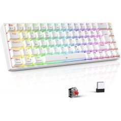 TECURS mehāniskā spēļu tastatūra - bezvadu RGB Anti Gosting apgaismota tastatūra 65% TKL Bluetooth / 2.4G / ar kabeli, 68 taustiņi, QWERTZ sarkanais slēdzis PC, iPhone, Android, Mac/Xbox, balta