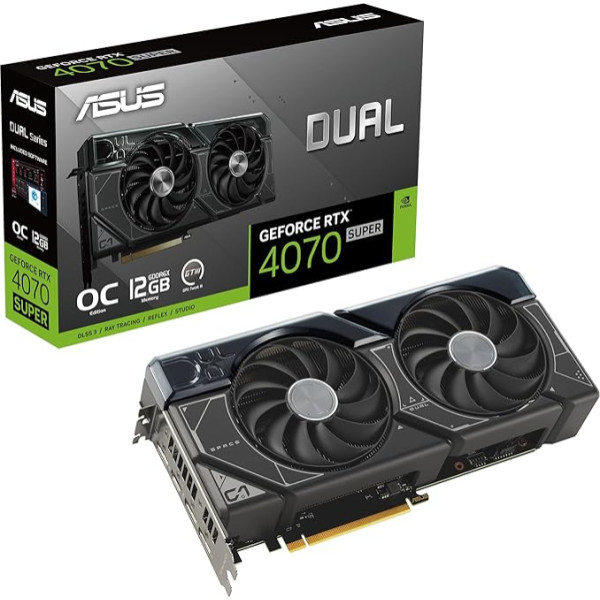 ASUS Dual GeForce RTX 4070 Super OC Edition 12GB GDDR6X spēļu grafiskā karte (Nvidia GeForce RTX4070 DLSS 3, PCIe 4.0, 1x HDMI 2.1a, 3x DisplayPort 1.4a, DUAL-RTX4070S-O12G, melna)