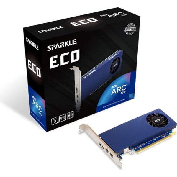 Sparkle Intel Arc A310 ECO, 4 ГБ GDDR6, 50 Вт TBP, низкопрофильный, один вентилятор, один слот, HDMI x1, Mini DisplayPort x2, SA310L-4G