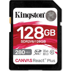 Kingston Canvas React Plus V60 SD 128GB SDXC UHS-II 280R/100W U3 V60 priekš Full HD/4K