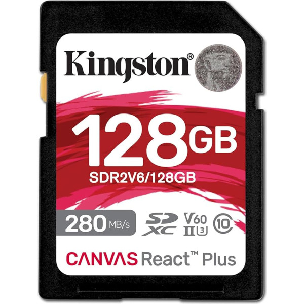 Kingston Canvas React Plus V60 SD 128GB SDXC UHS-II 280R/100W U3 V60 priekš Full HD/4K