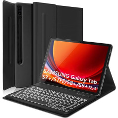 AVNICUD Tastatūras futrālis Samsung Galaxy Tab S9+/S8+/S7 FE/S7+12,4 collas - TPU aizsargvāciņš ar pildspalvas turētāju, vācu QWERTZ Bluetooth magnētiskais tastatūras vāciņš S9Plus/S8 Plus/S7 Plus/S7 FE