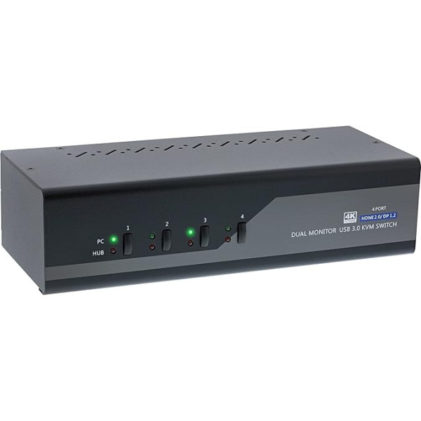 InLine 62644I Настольный KVM-переключатель, 4-Way, два монитора, Displayport + HDMI, 4K, USB 3.0, аудио