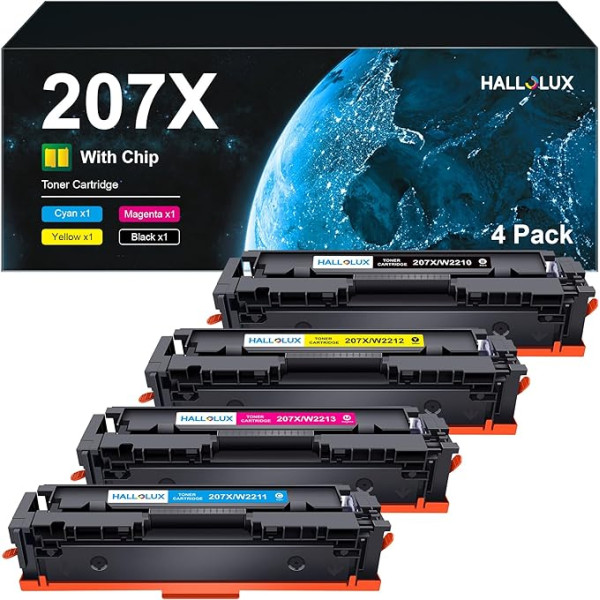 HALLOLUX 207X 207A toneru komplekts HP Color Laserjet Pro MFP M283fdw M255dw 282nw M283fdn M255nw W2210x W2210a (melns ciāndzeltens, dzeltens, 4 gabali)