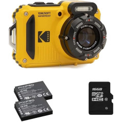 KODAK Pixpro Pack WPZ2 kamera + 2 akumulatori + 1 SD karte - kompakta 16 megapikseļu, ūdensizturīga līdz 15 metru dziļumam, triecienizturīga, video 720p, LCD displejs 2.7 - litija jonu akumulators - dzeltens