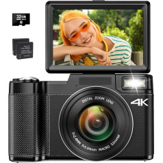 4K digitālā fotokamera fotografēšanai, automātiskā fokusēšanas 48 MP videokamera YouTube ar 16X digitālo tālummaiņu, 3 collu 180° flipekrāna kompaktā videokamera ar noņemamu zibspuldzi, SD karti un 2