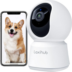 LAXIHUB Suņu kamera ar lietotni 2K/3MP HD kameras novērošana iekštelpās 2,4 GHz, suņu nakts redzamības kamera iekštelpās, WiFi, divvirzienu audio, mājdzīvnieku kamera, kustības un trokšņa noteikšana, saderīga ar Alexa