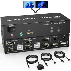 Divu monitoru HDMI KVM slēdzis ar 2 pieslēgvietām, 4K @ 60Hz paplašināts displeja KVM slēdzis HDMI 2 in 2 Out ar audio mikrofona izeju un 3 USB pieslēgvietām, PC monitora tastatūras peles pārslēdzējs