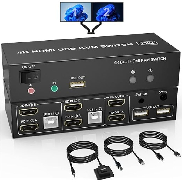 Divu monitoru HDMI KVM slēdzis ar 2 pieslēgvietām, 4K @ 60Hz paplašināts displeja KVM slēdzis HDMI 2 in 2 Out ar audio mikrofona izeju un 3 USB pieslēgvietām, PC monitora tastatūras peles pārslēdzējs