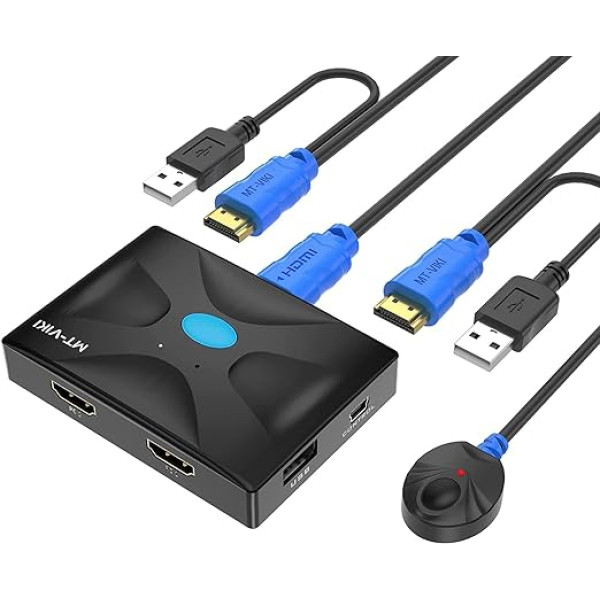 MT-VIKI 4K HDMI KVM 2 pieslēgvietu KVM slēdzis 2 portiem 2 datoriem 1 monitoram Atbalsta tastatūru Pele 4K @ 30Hz ar atjauninātu 2-in-1 USB HDMI kabeli Darbvirsmas 3 USB ports