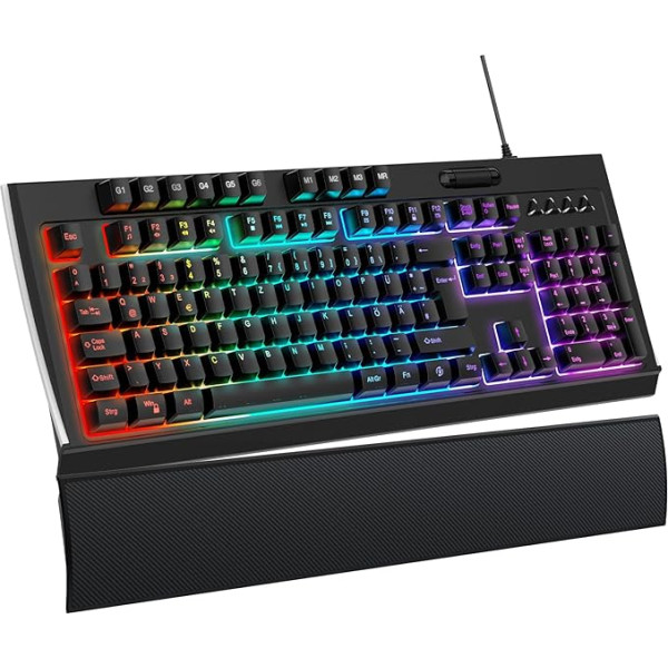 OMOTON Halbmechanische Gaming-Tastatur, Programmierbare Tastatur Gamer Magnetische Handballenauflage, QWERTZ-Membran Tastatur RGB Hintergrundbeleleuchtung 26 Tasten Anti-Ghosting, Windows,PS4,Schwarz