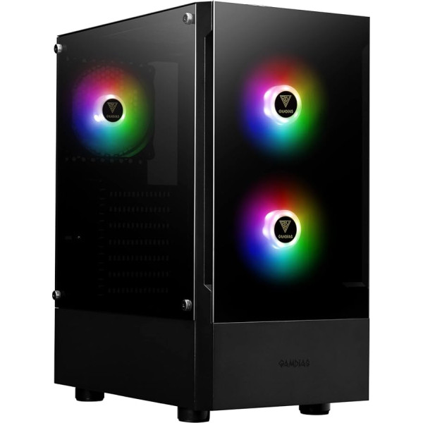 GAMDIAS Talos E3 Gaming PC Case, Mid-Tower ATX, rūdīta stikla panelis, 3 iebūvēti 120 mm ARGB ventilatori, uzstādīšana bez instrumentiem, rūdīta stikla logs, atbalsta pamatplates līdz ATX izmēram