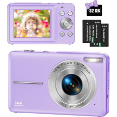 Digitālā kamera 44MP 1080P HD foto kamera ar 32GB atmiņas karti, kompaktā kamera ar 16x digitālo tālummaiņu un 2 uzlādējamām baterijām, kamera bērniem, pusaudžiem, iesācējiem, zēniem, meitenēm (violeta)