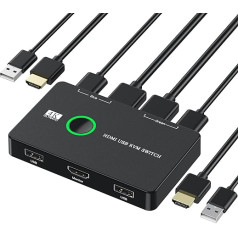 KVM HDMI slēdzis, 4K @60Hz KVM slēdzis USB 2 PC 1 monitoram ar 2 tastatūrām, KVM-slēdzis ar 2 USB kabeļiem un 2 HDMI kabeļiem