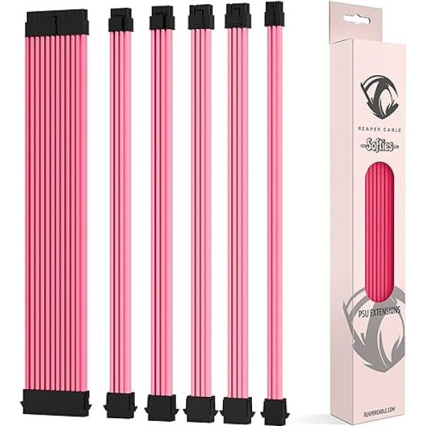 Reaper Cable Softies - Soft & Supple Sleeved PSU Extension Set - Power Supply Extensions - 1x 24 Pin / 2x 4+4 Pin / 2x 6+2 Pin / 1x 6-Pin - 30 cm (Pink)